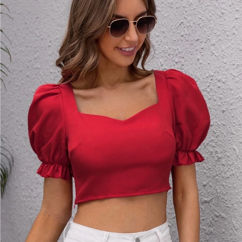 Red Puff Sleeve Crop Top